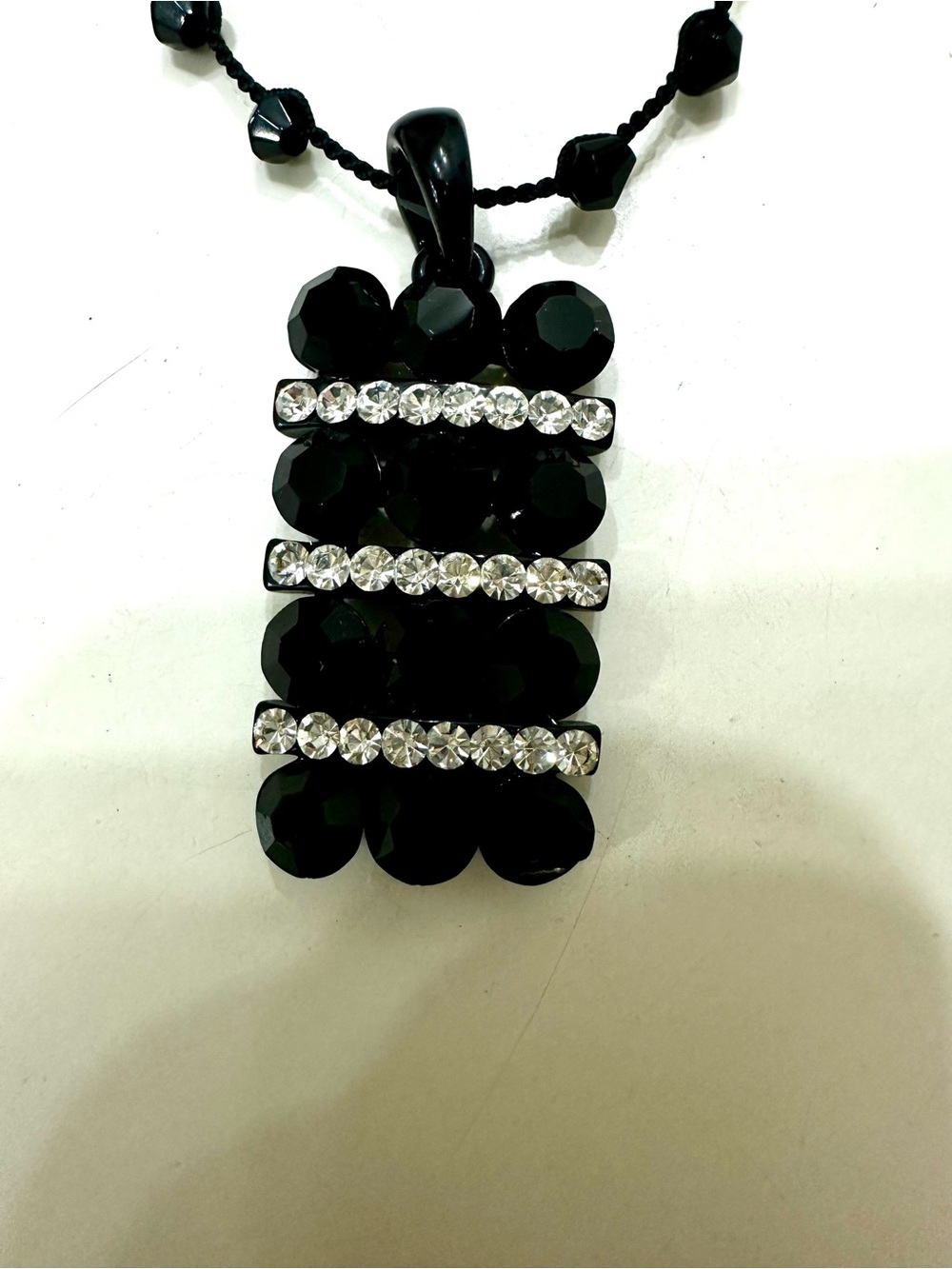 Avon Black Bead Pendant Necklace with Clear Rhinestone Stripes